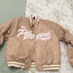 Tan Varsity Jacket with Pink Lettering